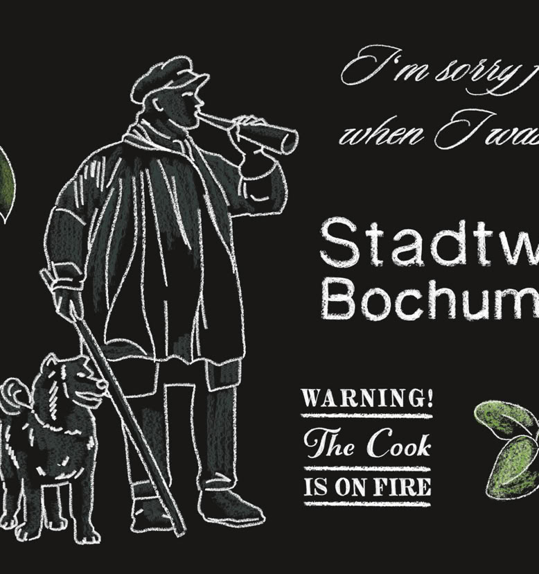 Illustration eines Mannes mit Stock und Hund, der aus einer Flasche trinkt, umgeben von Texten und Blättern auf schwarzem Hintergrund.