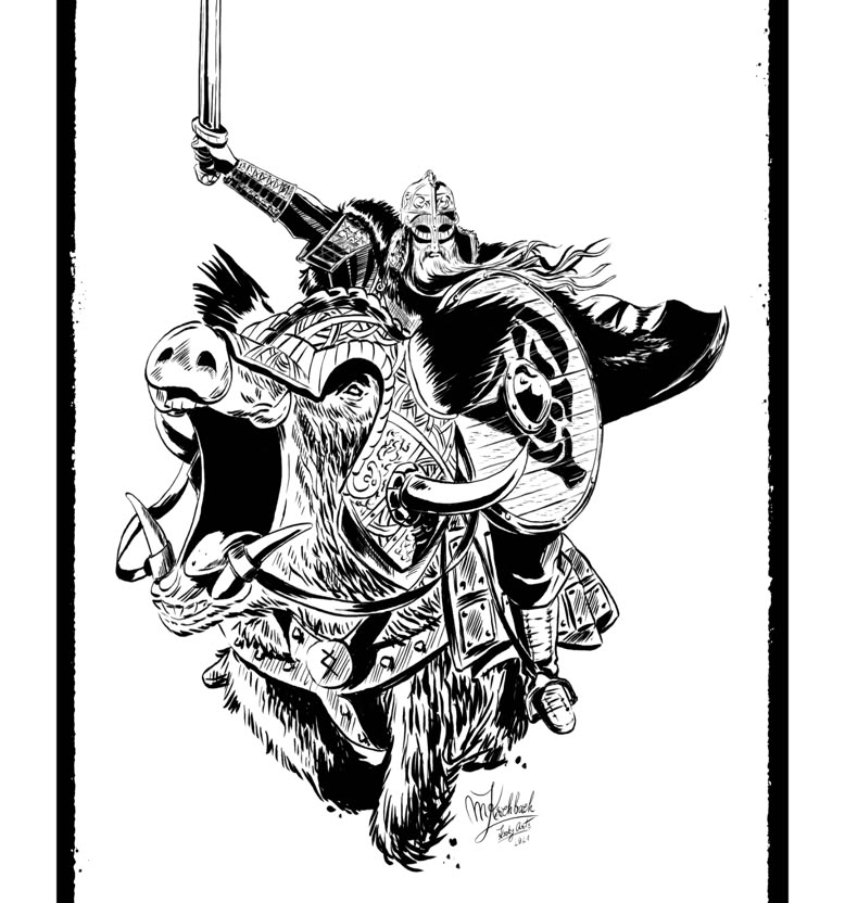 Schwarz-weiße Zeichnung eines Kriegers (Wikingergott Freyr) in Rüstung auf einem Pferd, der ein Schwert in die Luft hält.