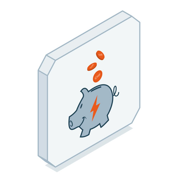 Ein graues Sparschwein mit einem orangefarbenen Blitzsymbol und drei orangefarbene Münzen darüber auf einem weißen Hintergrund.