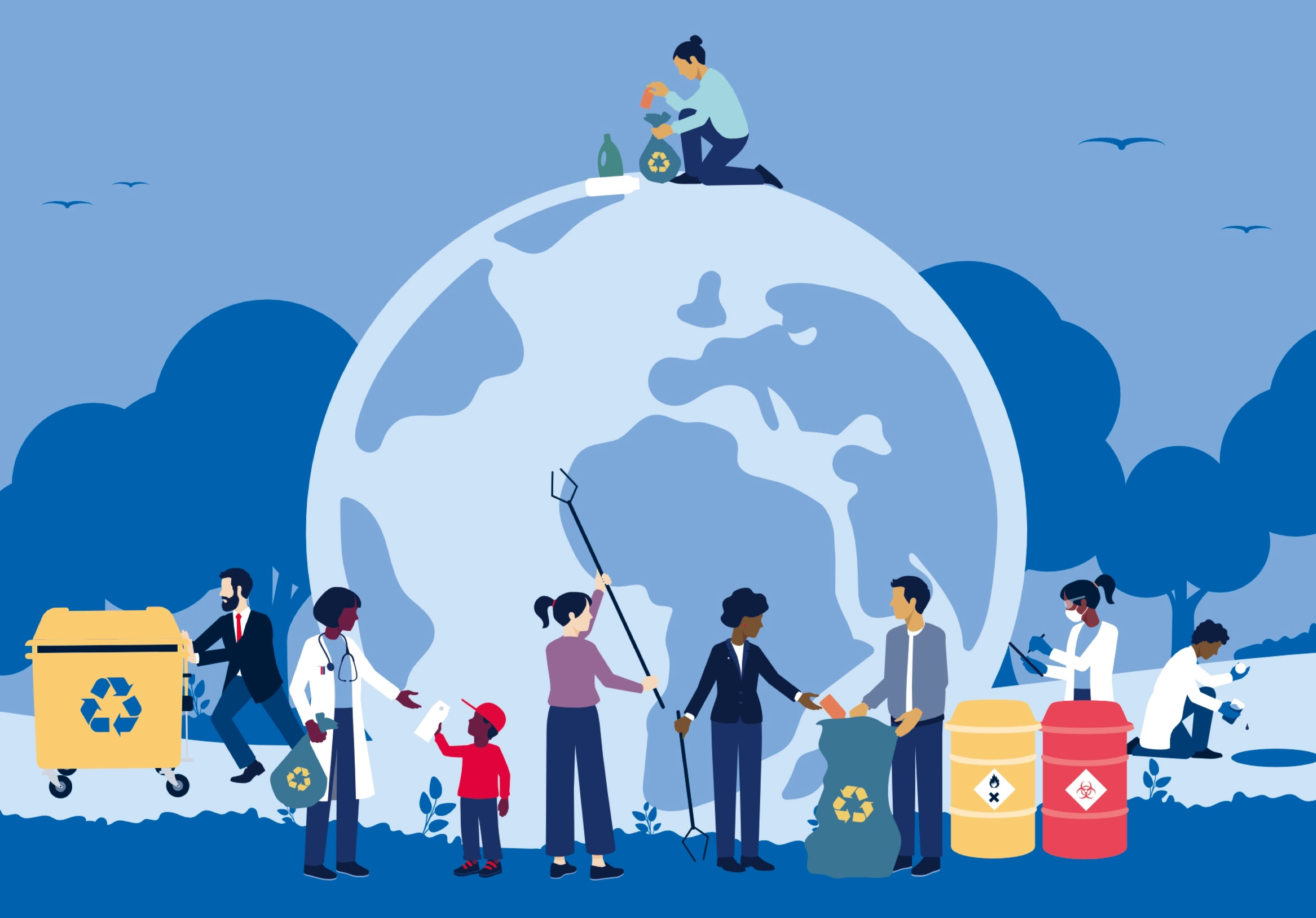 Illustration von Menschen, die Müll sammeln und recyceln, mit einer großen Weltkugel im Hintergrund.
