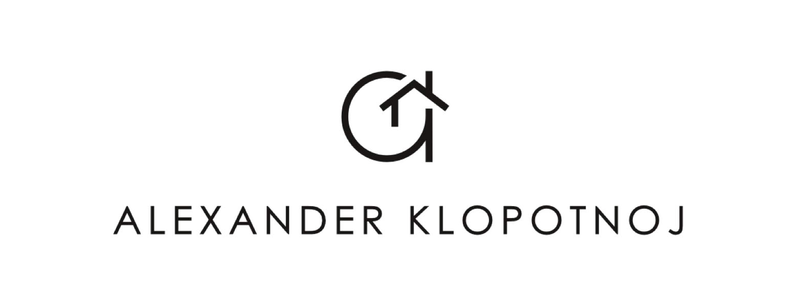 Individuelles Logo Design mit einem stilisierten Haus und den Worten "Alexander Klopotnoj" darunter.