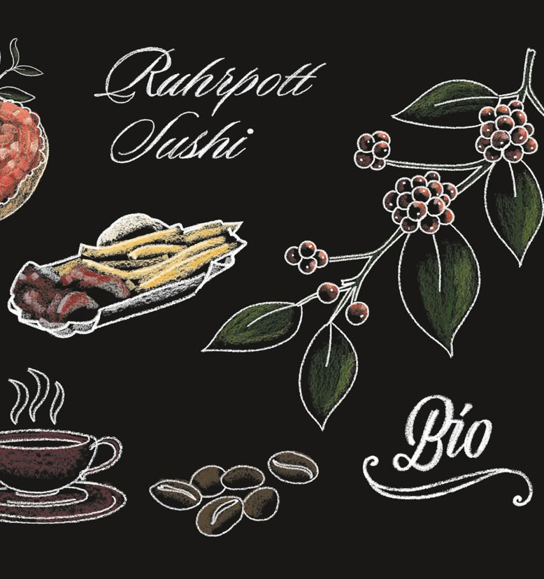 Illustration von Lebensmitteln: ein Teller mit Sushi, eine Kaffeetasse, Kaffeebohnen, eine Pflanze mit Blättern und Beeren, und die Wörter "Ruhrpott Sushi" und "Bio" auf schwarzem Hintergrund.