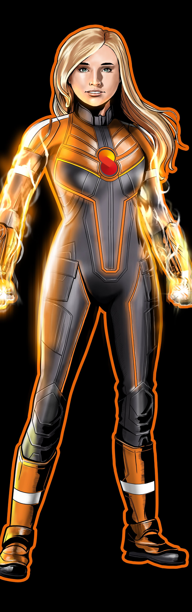 Illustration einer jungen Frau in einem schwarz-goldenen Anzug mit leuchtenden Elementen, langen blonden Haaren und leuchtenden Händen.