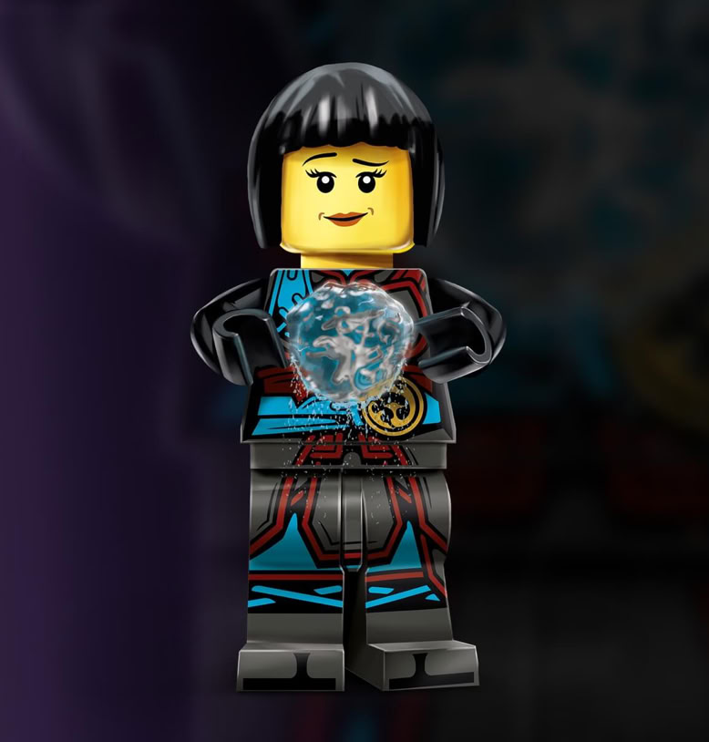 LEGO-Figur mit schwarzem Haar und gelbem Gesicht hält einen blauen Kristall, trägt ein blau-rotes Outfit.