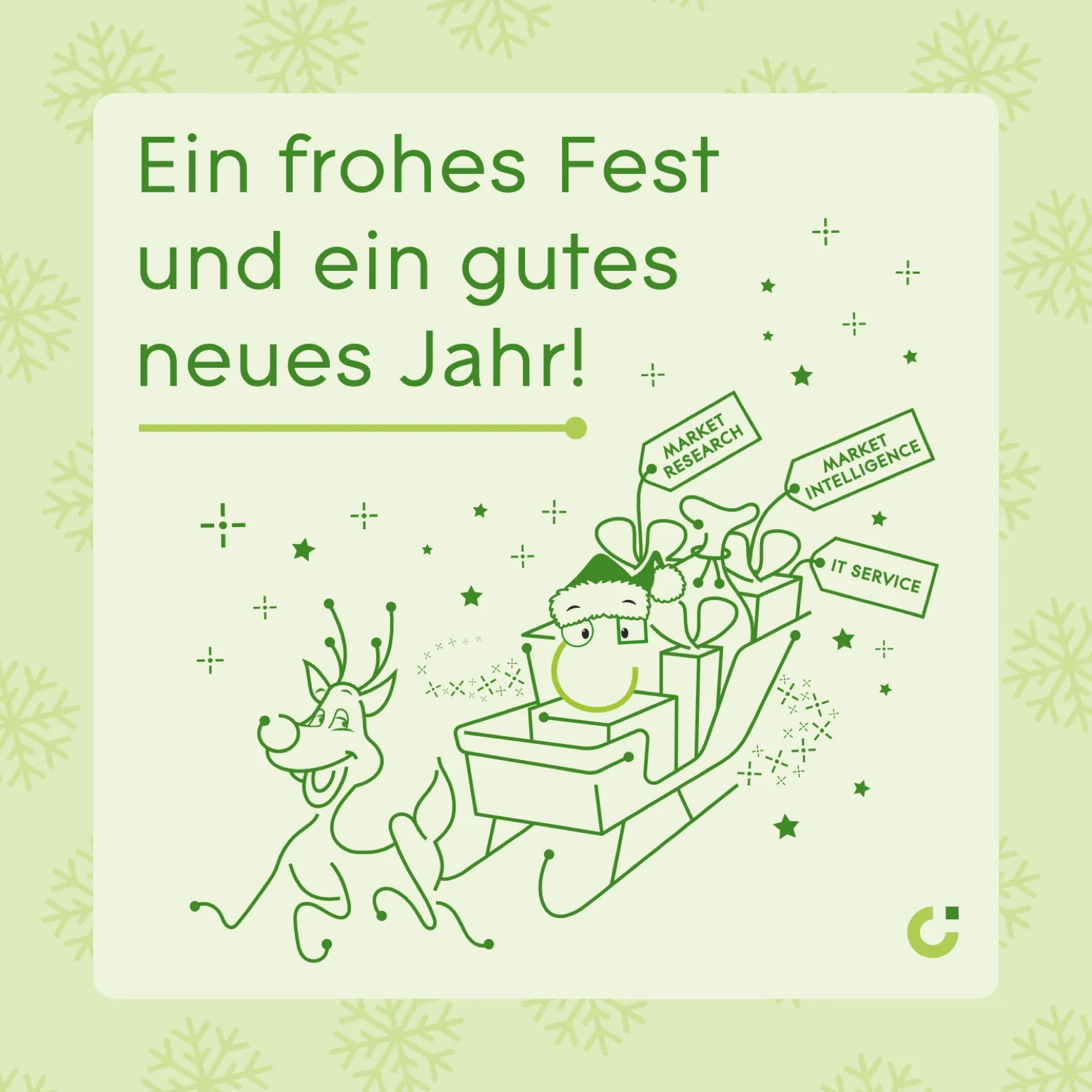 Ein Rentier zieht einen Schlitten mit Geschenken, daneben der Text "Ein frohes Fest und ein gutes neues Jahr!" auf grünem Hintergrund mit Schneeflocken.