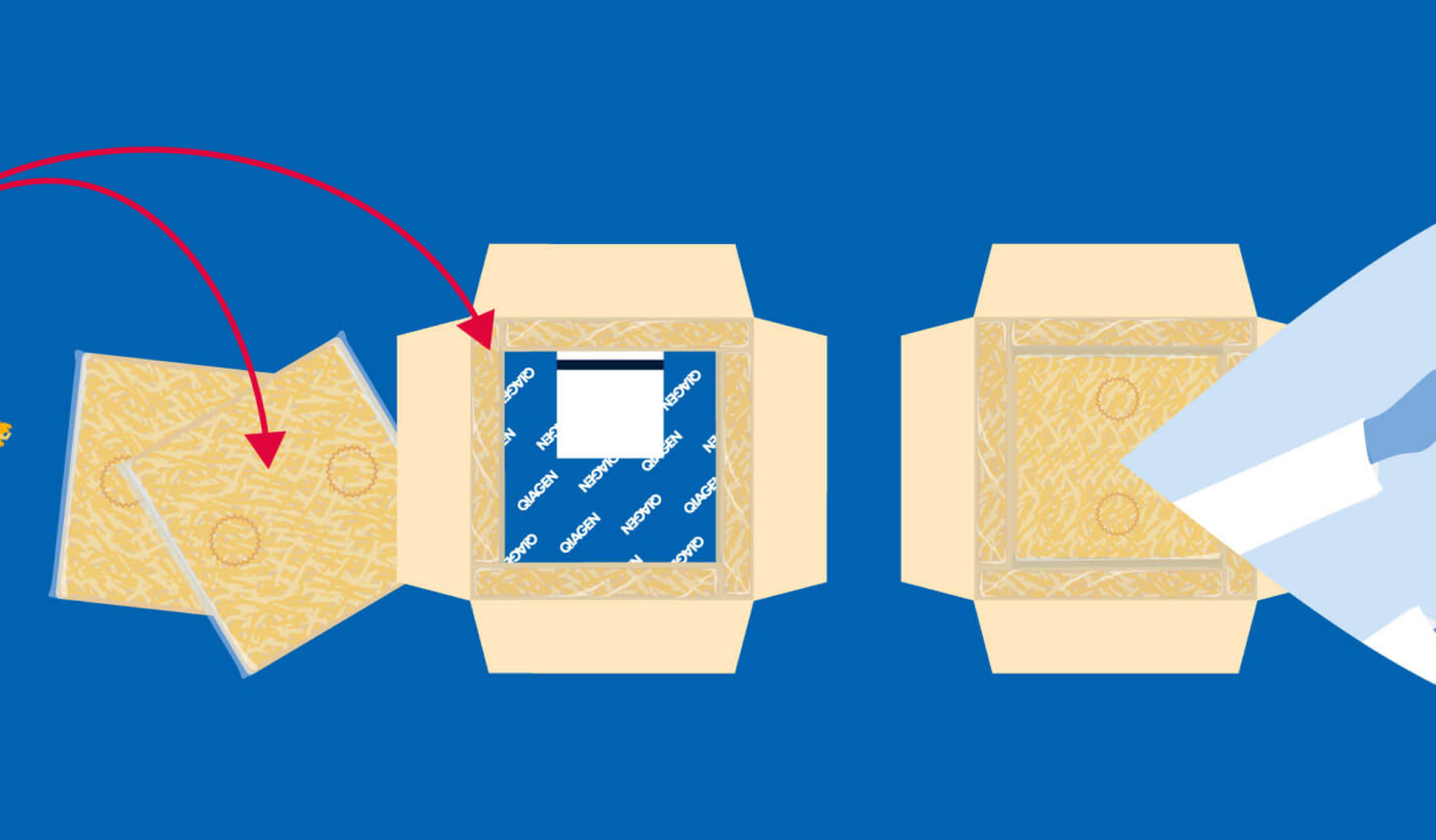 Illustration eines geöffneten Umschlags mit einem blauen Quadrat darin, das in eine Hand gelegt wird.