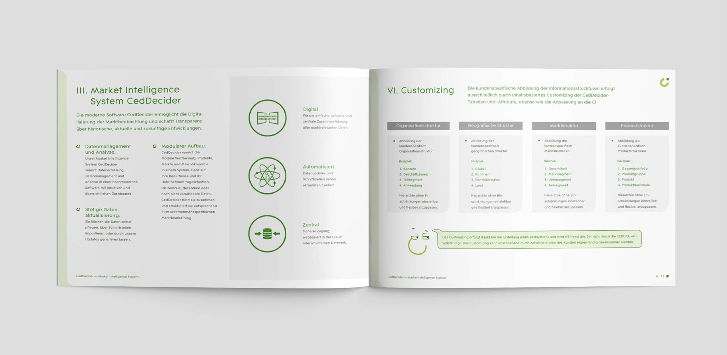 Layout-Design eines B2B-Whitepapers im neuen Corporate Design der CEDURA GmbH mit dem Maskottchen als Hinweisgeber.