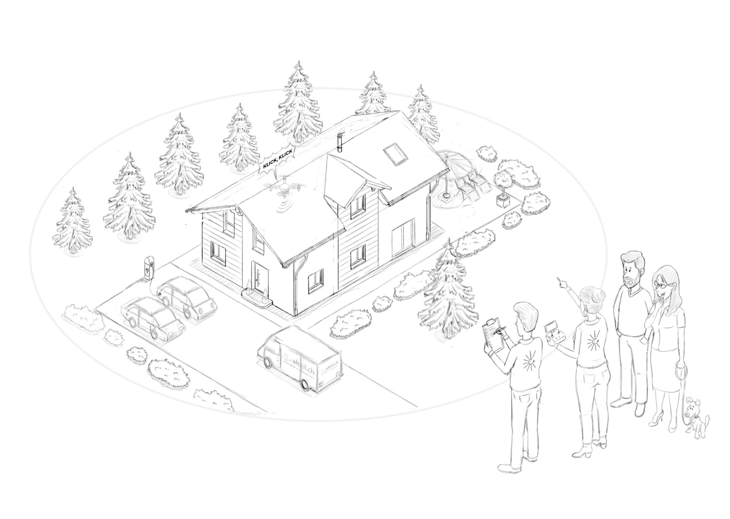 Skizze eines Hauses mit mehreren Personen im Vordergrund, umgeben von Bäumen und Autos.