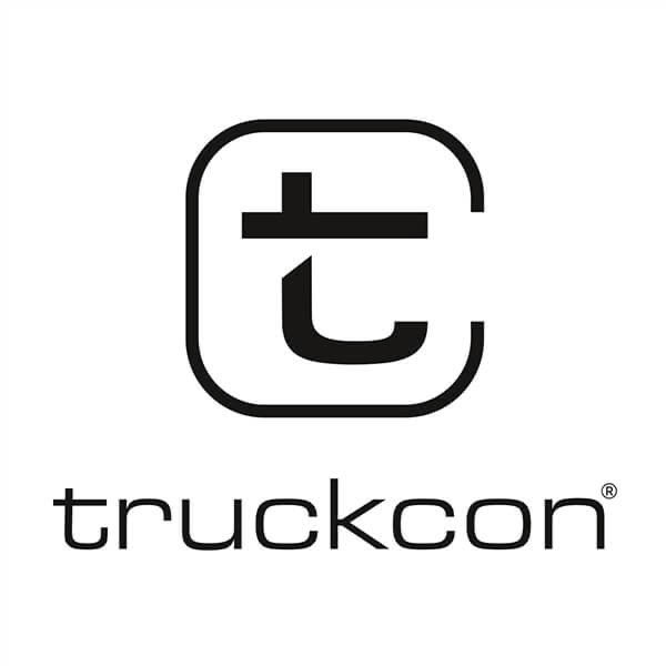 Schwarzes Logo mit stilisiertem Buchstaben "t" in einem Quadrat darüber, darunter der Schriftzug "truckcon".