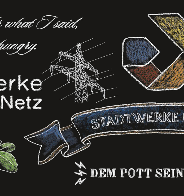 Schwarzer Hintergrund mit verschiedenen grafischen Elementen: ein Strommast, ein stilisiertes Logo, ein Banner mit der Aufschrift "STADTWERKE", ein Blatt und verschiedene Textelemente.
