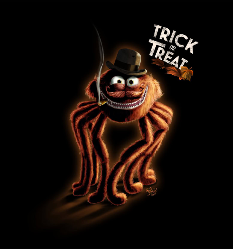 Illustration eines Cartoon-Charakter (Spinne) mit einem runden Körper, mehreren Beinen, einem Zylinderhut und einem Lächeln. Text "Trick or Treat" oben rechts.