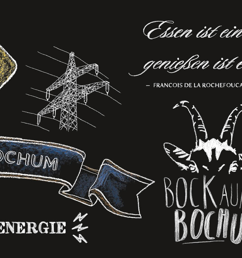 Kreidetafel mit Zeichnungen und Texten, darunter ein Strommast, ein Band mit der Aufschrift "Bochum", ein Ziegenkopf mit "Bock auf Bochum", und ein Zitat über Essen.
