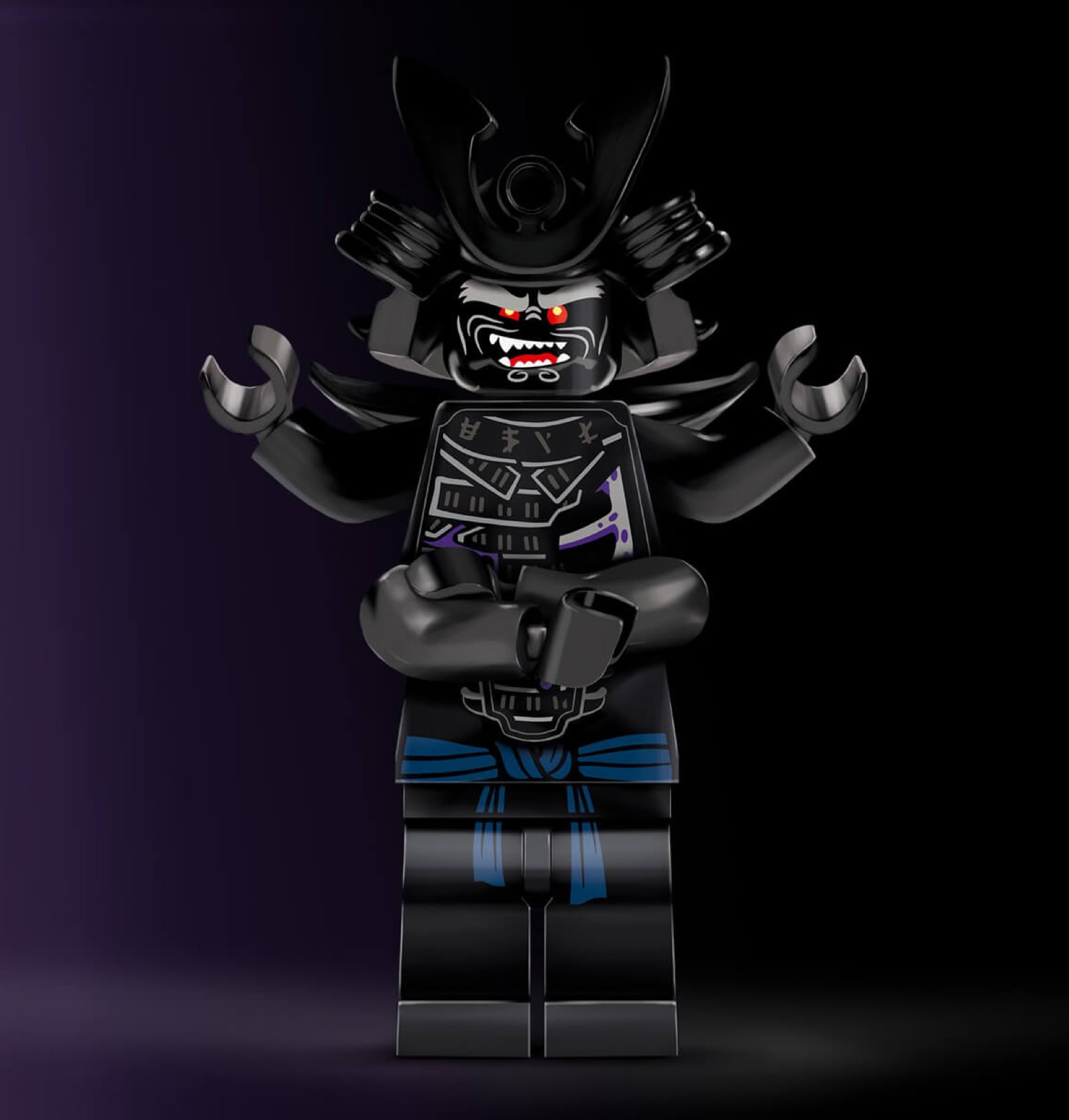 LEGO-Figur in schwarzer Samurai-Rüstung mit roten Augen und Helm, vor dunklem Hintergrund.