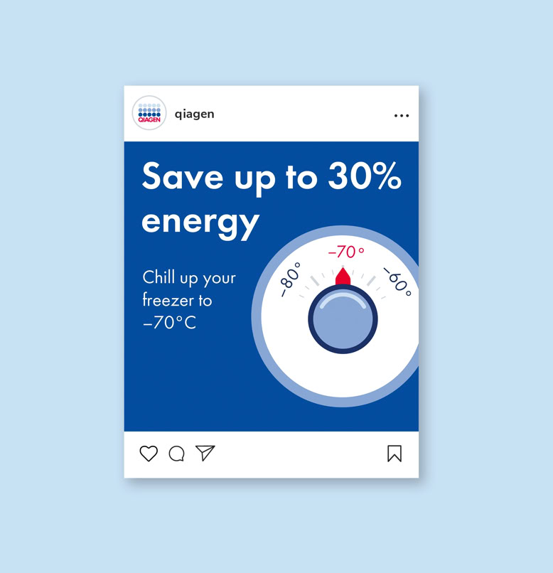 Ein blaues Poster mit einem Temperaturregler, der auf -70°C eingestellt ist, und dem Text "Save up to 30% energy" und "Chill up your freezer to -70°C".