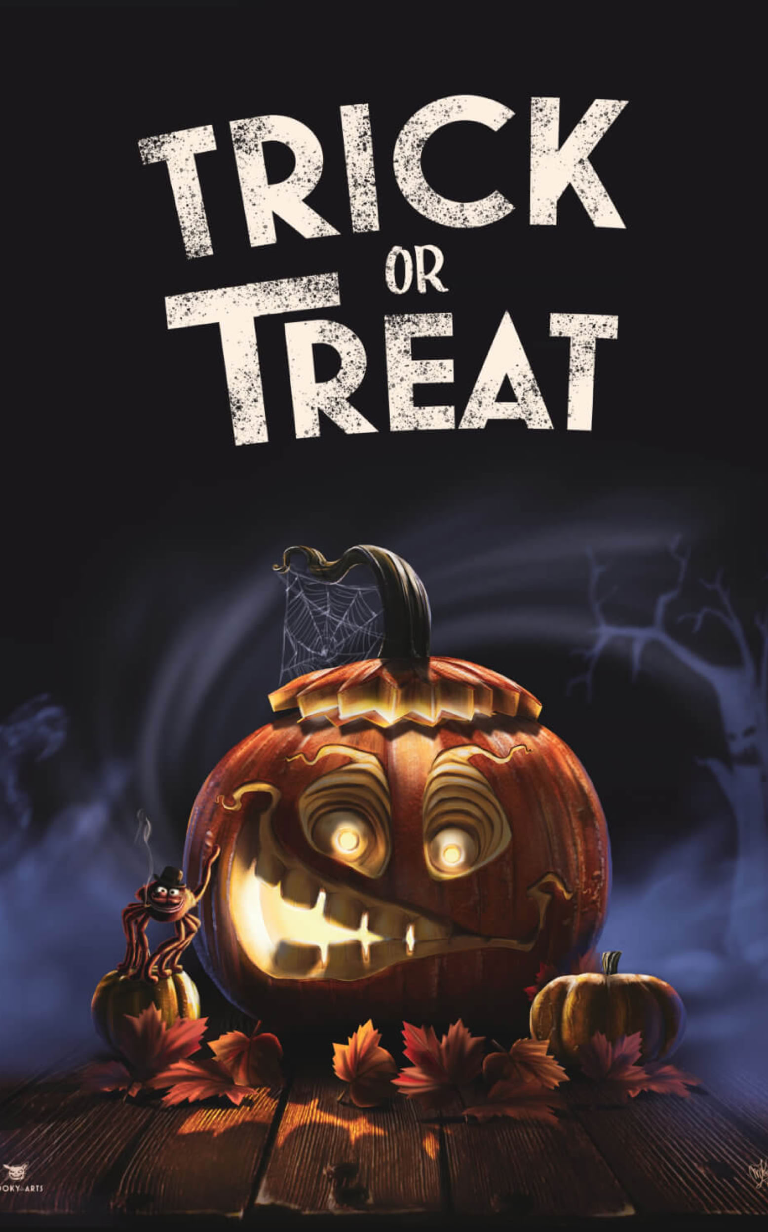 Ein geschnitzter Kürbis mit leuchtenden Augen und einem gruseligen Gesichtsausdruck, umgeben von Herbstblättern, vor einem dunklen Hintergrund mit dem Text "Trick or Treat" darüber.