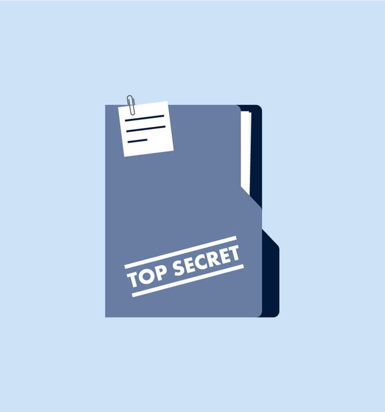 Blauer Ordner mit der Aufschrift "Top Secret" und einem angehefteten Notizzettel.