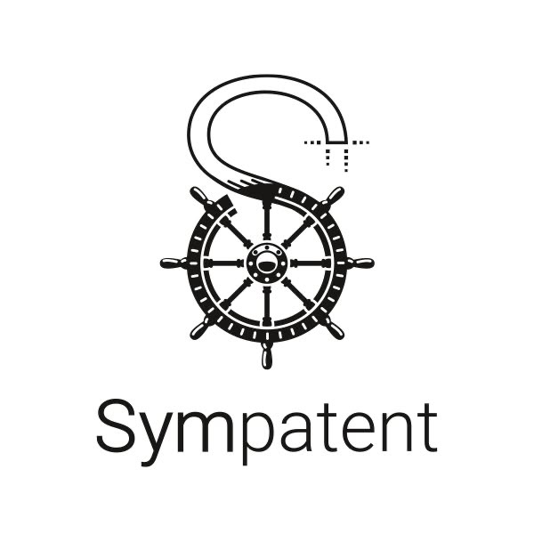 Logo mit einem Schiffssteuerrad mit einem stilisierten Kabel darüber, darunter der Text "Sympatent".
