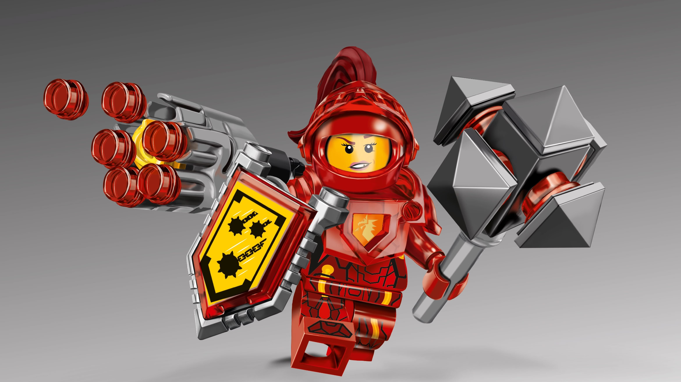 LEGO-Figur in roter Rüstung mit einem Schild und einer Waffe, die Feuerbälle abfeuert.