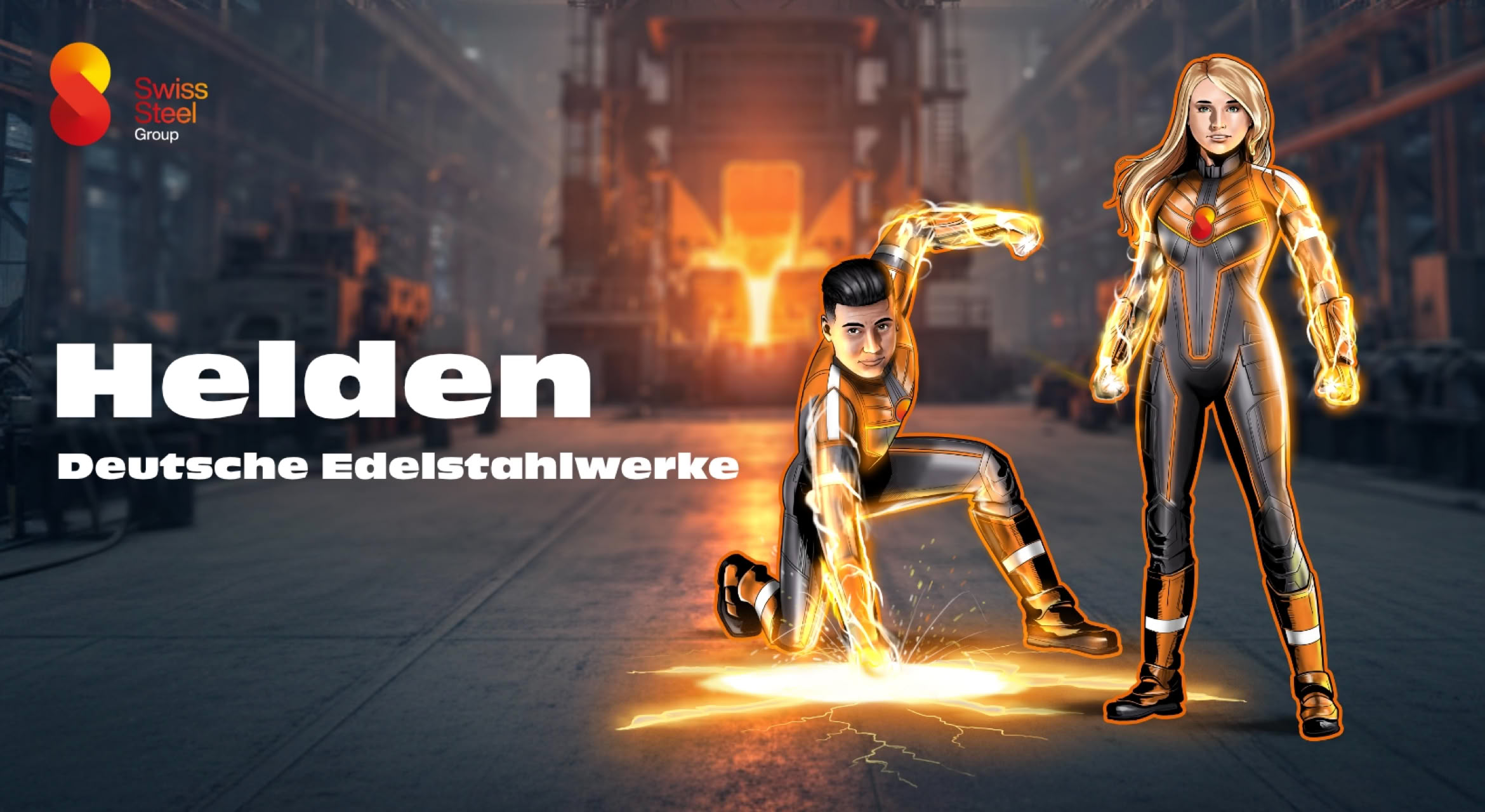 Zwei Personen (Superhelden) in futuristischen Anzügen stehen in einer Fabrikhalle, umgeben von orangefarbenem Licht. Links im Bild steht der Text "Helden Deutsche Edelstahlwerke".