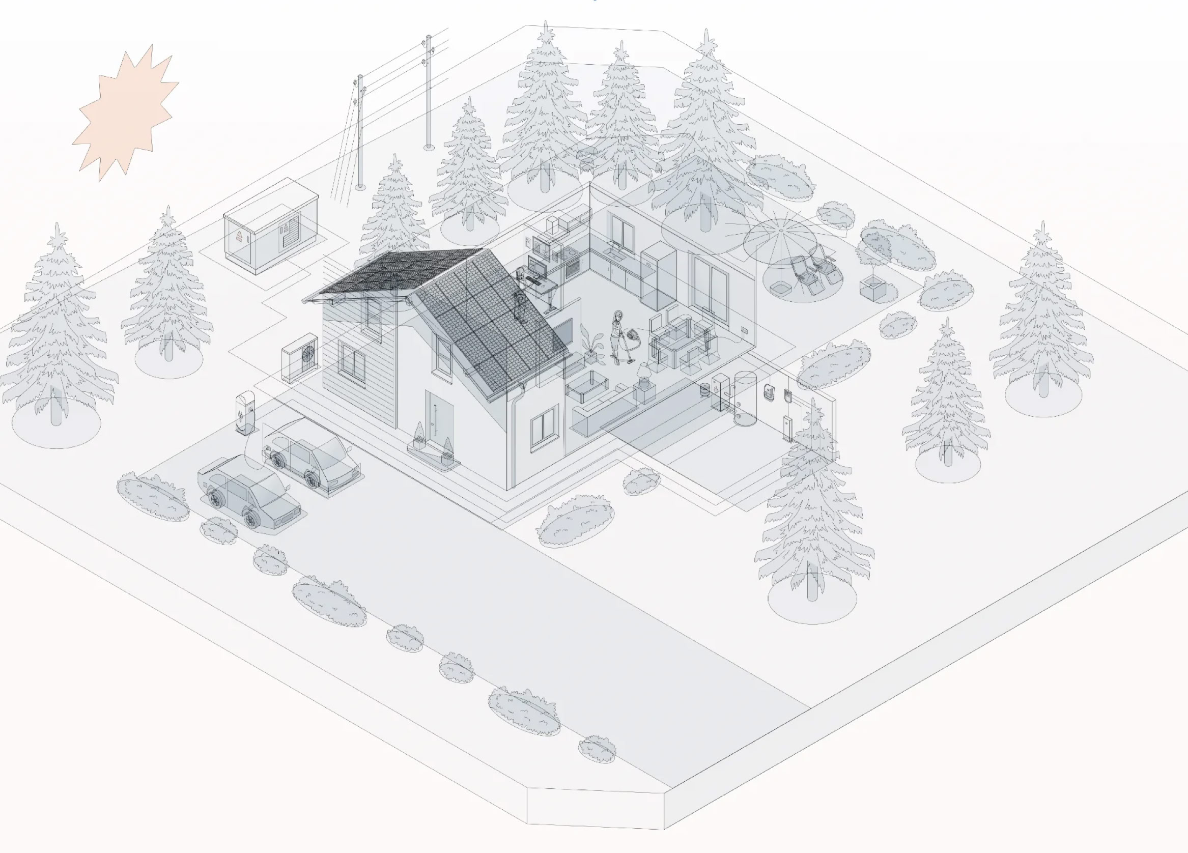 Drahtmodell einer isometrischen Zeichnung eines Hauses mit Solarpanelen auf dem Dach, umgeben von Bäumen und einem Auto auf der Einfahrt.