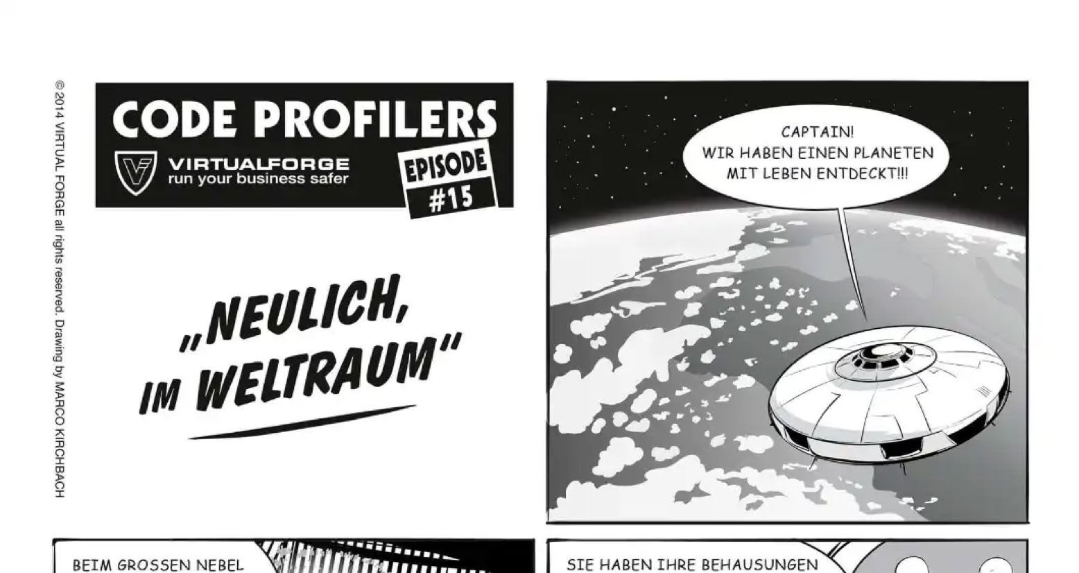 Comic Code Profilers mit sechs Panels, die zwei Figuren in einem Raumschiff im Weltraum zeigen. Die Figuren haben große Augen und tragen Raumanzüge. Sie kommunizieren miteinander, während sie auf Bildschirme schauen. Der Hintergrund zeigt den Weltraum und die Erde.