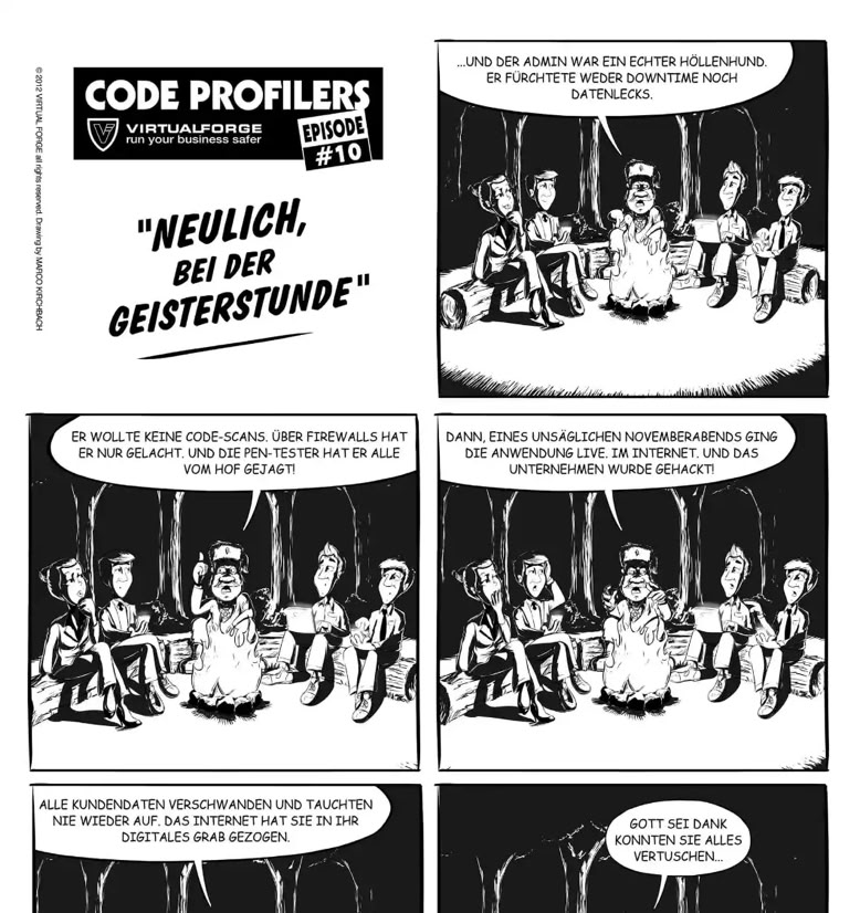 Comic mit mehreren Panels, in denen eine Gruppe von Personen um ein Lagerfeuer sitzt und spricht.