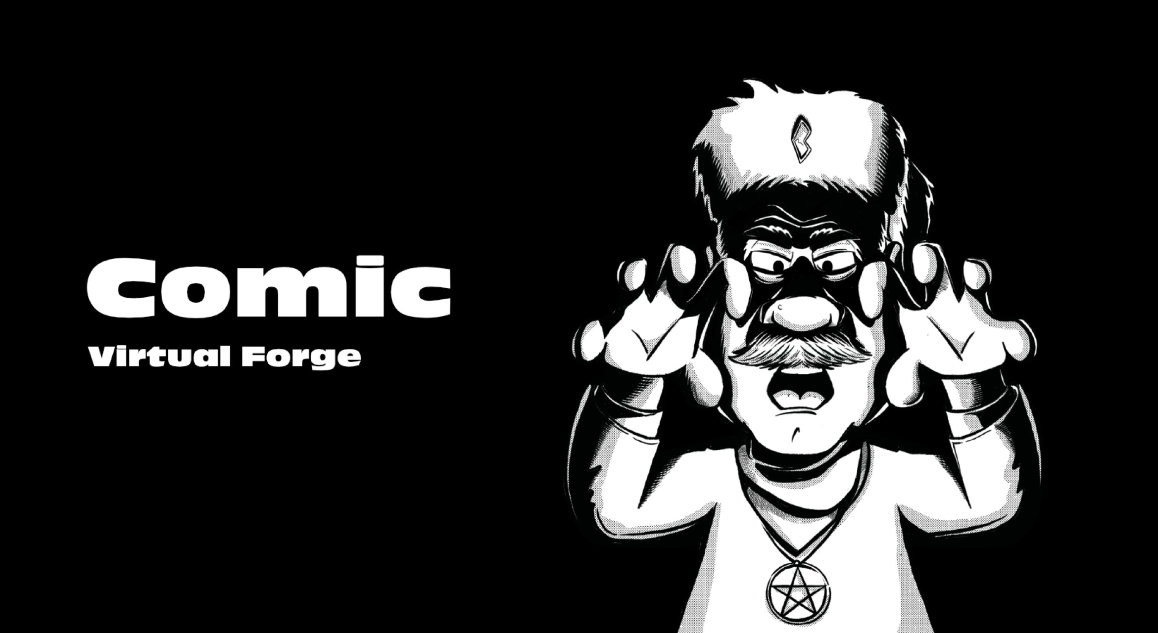 Schwarz-weiß Comic-Zeichnung einer Figur mit Mütze und Kette, die Hände erhoben. Links steht der Text "Comic Virtual Forge".