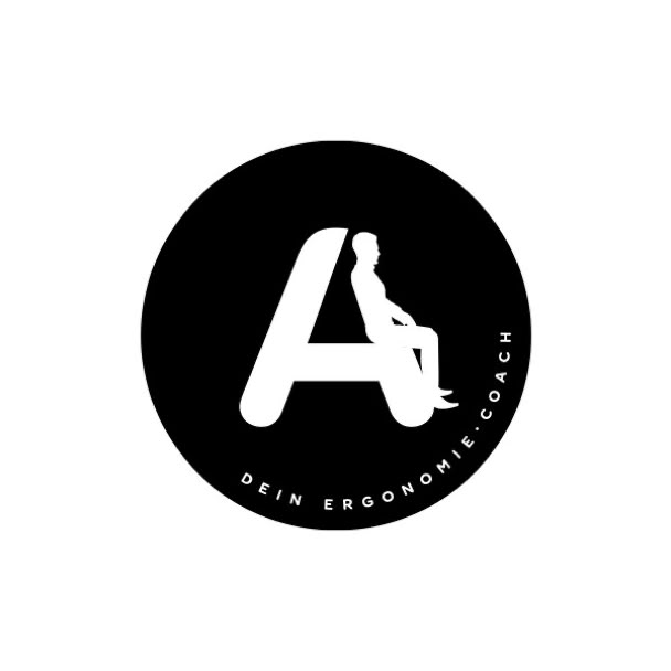 Logo mit schwarzem Kreis mit einem stilisierten weißen Buchstaben "A", in dem eine sitzende Person integriert ist. Darunter steht der Text "DEIN ERGONOMIE-COACH".