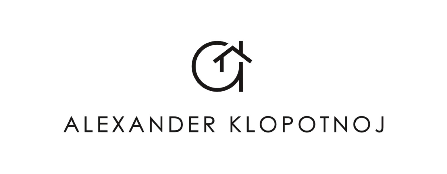 Individuelles Logo Design mit einem stilisierten Haus und den Worten "Alexander Klopotnoj" darunter.