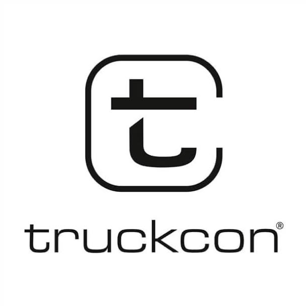 Schwarzes Logo mit stilisiertem Buchstaben "t" in einem Quadrat darüber, darunter der Schriftzug "truckcon".