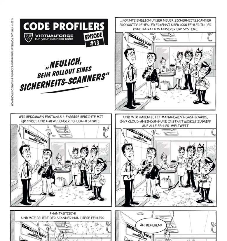 Schwarz-weißer Comic mit sechs Panels, in denen mehrere Personen in einem Büro interagieren. Sie stehen um einen Tisch mit Computern und sprechen miteinander.